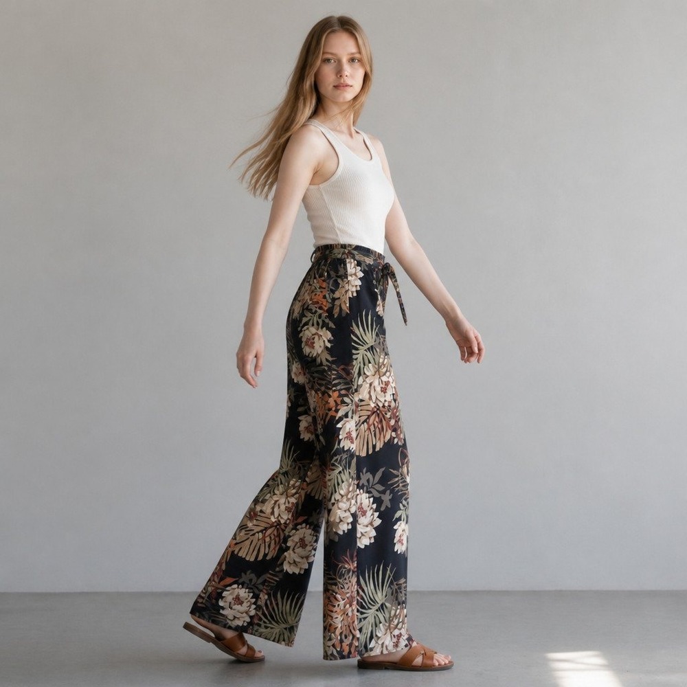 Hyfve Navy Tropical Floral Wide Leg Pants High Waist Vacation Trousers Medium